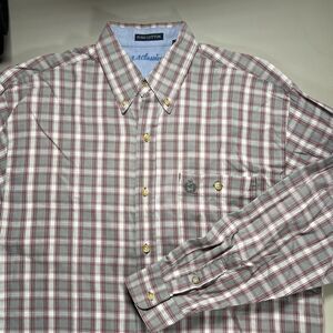 B.B. Classics Mens Medium Plaid Button Down Shirt Grey Red Cotton Long Sleeve